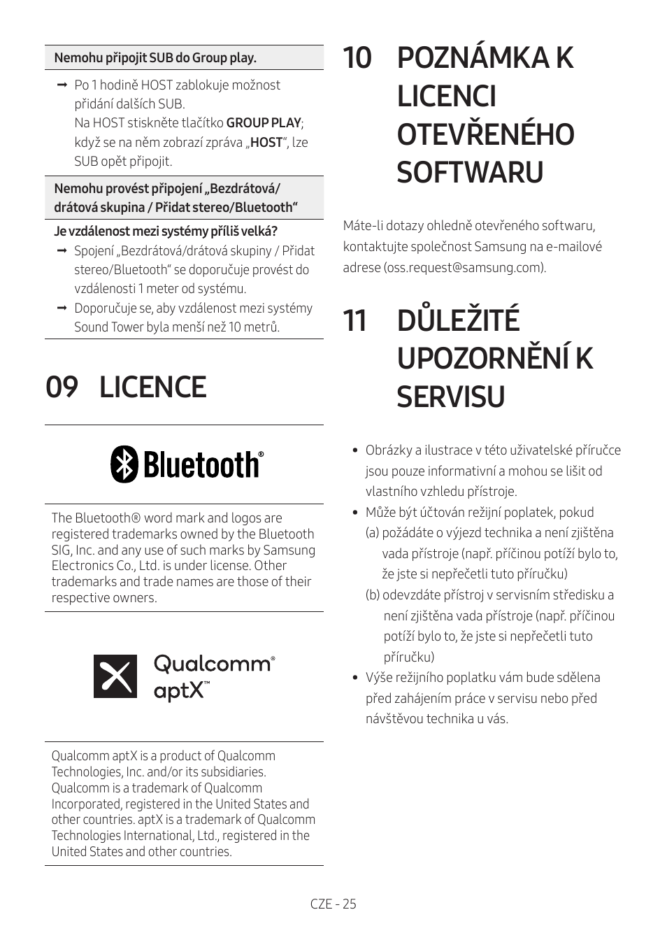 09 licence, 10 poznámka k licenci otevřeného softwaru, 11 důležité upozornění k servisu | Licence, Poznámka k licenci otevřeného softwaru, Důležité upozornění k servisu | Samsung MX-T50 Giga Party 500W Wireless Speaker User Manual | Page 119 / 512