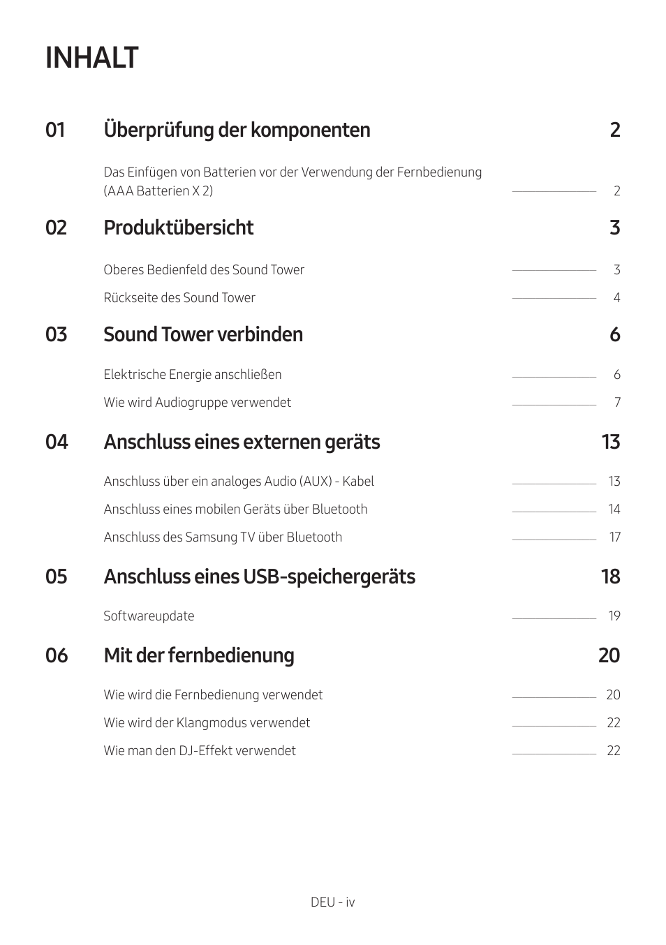 Inhalt, 01 überprüfung der komponenten 2, 02 produktübersicht 3 | 03 sound tower verbinden 6, 04 anschluss eines externen geräts 13, 05 anschluss eines usb-speichergeräts 18, 06 mit der fernbedienung 20 | Samsung MX-T50 Giga Party 500W Wireless Speaker User Manual | Page 124 / 512