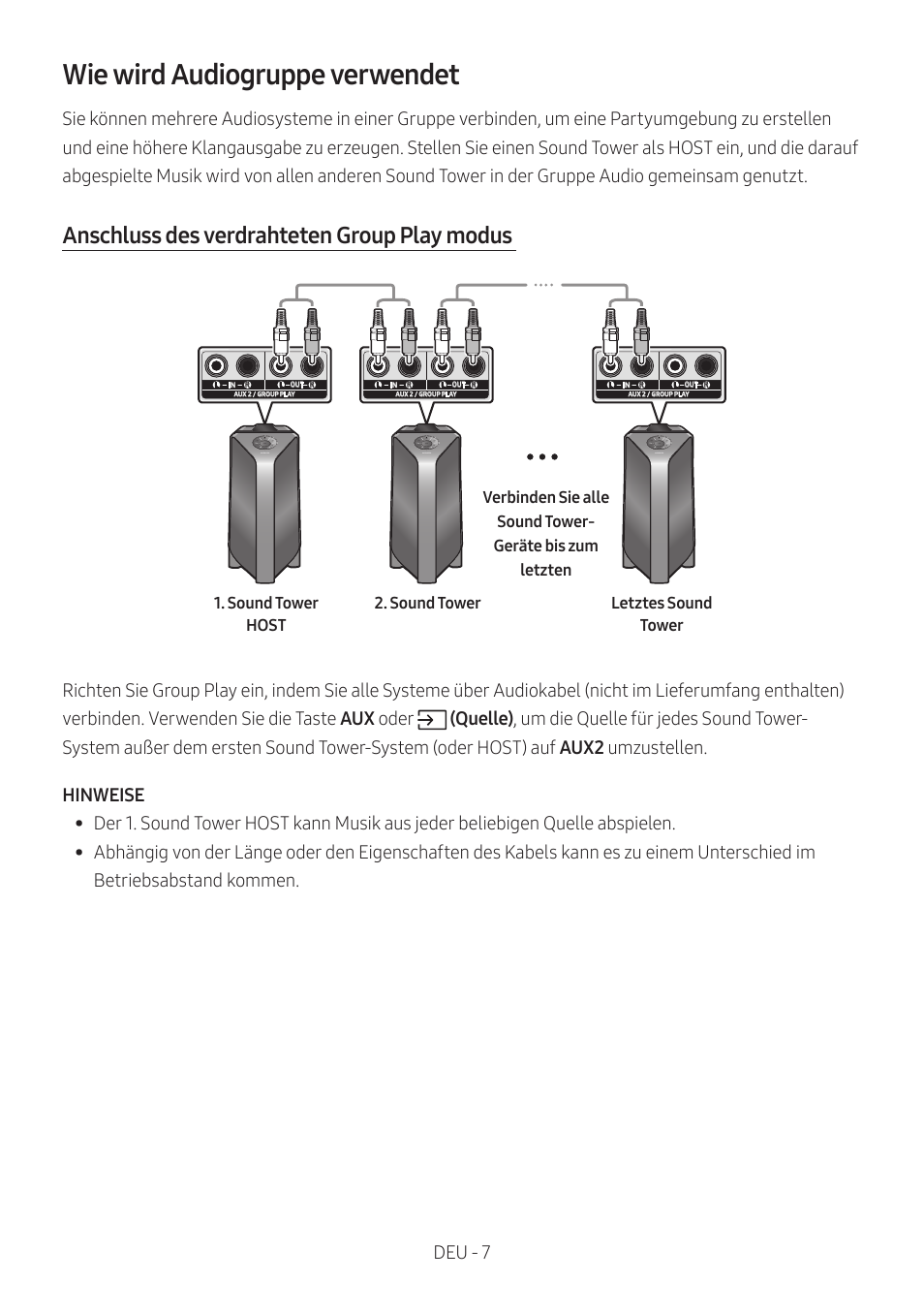 Wie wird audiogruppe verwendet, Anschluss des verdrahteten group play modus, Deu - 7 | Samsung MX-T50 Giga Party 500W Wireless Speaker User Manual | Page 131 / 512