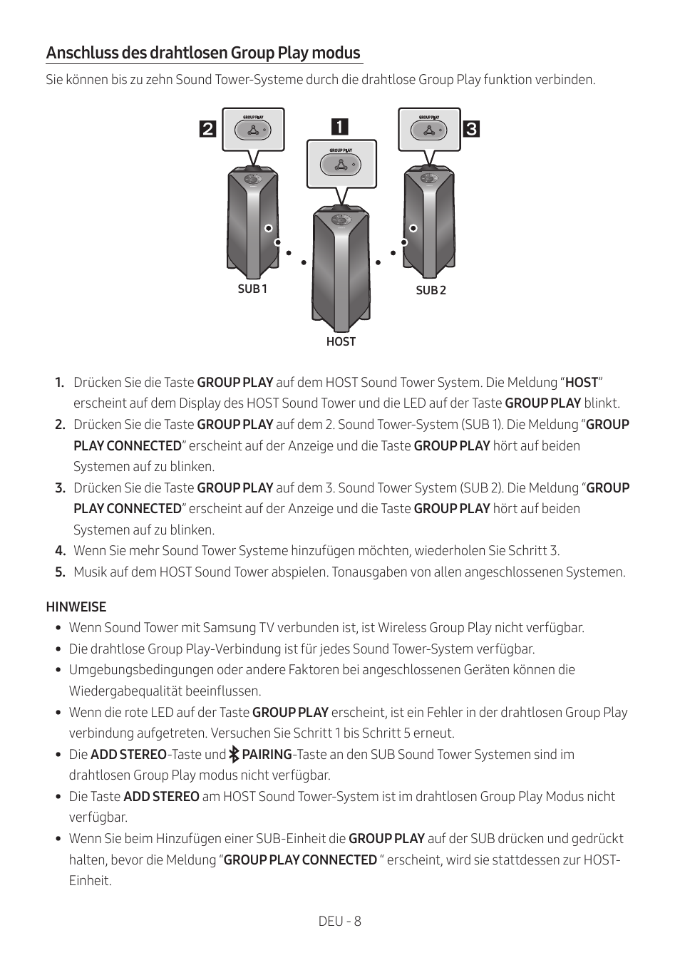 Anschluss des drahtlosen group play modus | Samsung MX-T50 Giga Party 500W Wireless Speaker User Manual | Page 132 / 512