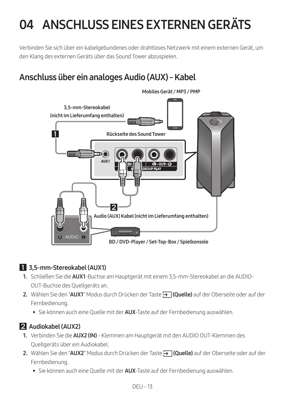 04 anschluss eines externen geräts, Anschluss über ein analoges audio (aux) - kabel, Anschluss eines externen geräts | Samsung MX-T50 Giga Party 500W Wireless Speaker User Manual | Page 137 / 512