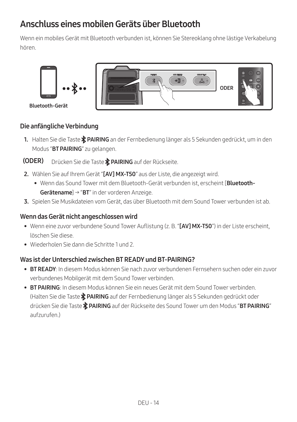 Anschluss eines mobilen geräts über bluetooth, Die anfängliche verbindung, Oder) | Wenn das gerät nicht angeschlossen wird | Samsung MX-T50 Giga Party 500W Wireless Speaker User Manual | Page 138 / 512