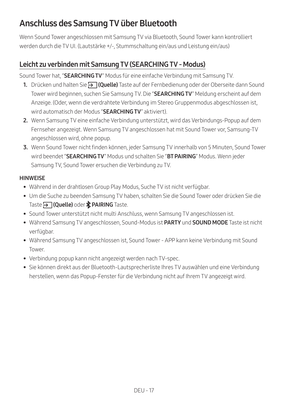 Anschluss des samsung tv über bluetooth | Samsung MX-T50 Giga Party 500W Wireless Speaker User Manual | Page 141 / 512