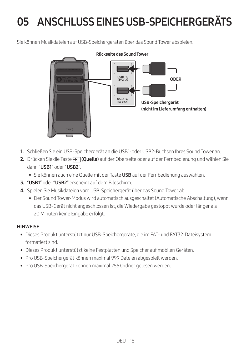 05 anschluss eines usb-speichergeräts, Anschluss eines usb-speichergeräts | Samsung MX-T50 Giga Party 500W Wireless Speaker User Manual | Page 142 / 512