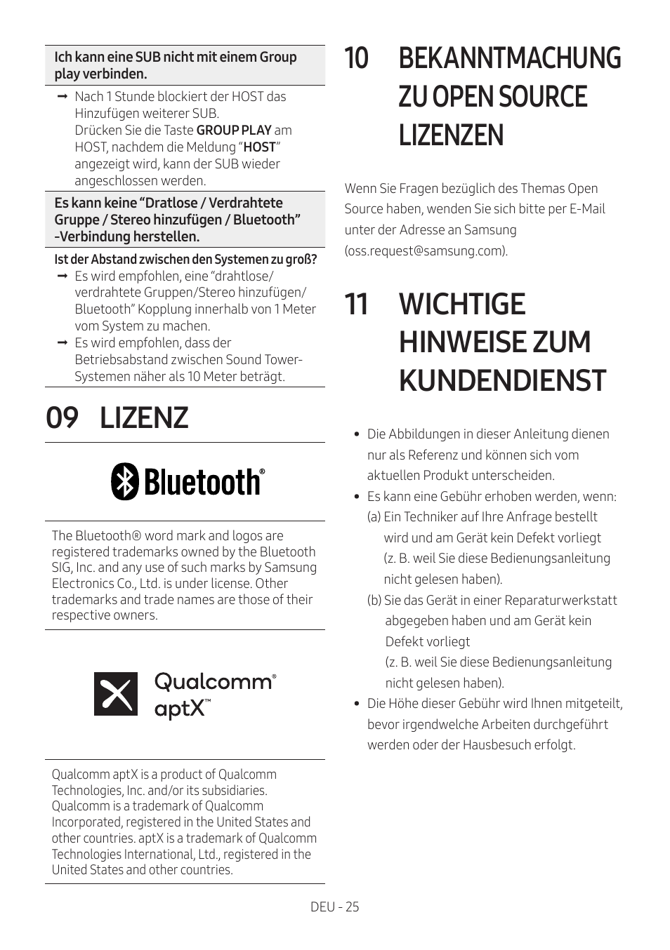 09 lizenz, 10 bekanntmachung zu open source lizenzen, 11 wichtige hinweise zum kundendienst | Bekanntmachung zu open source lizenzen, Wichtige hinweise zum kundendienst | Samsung MX-T50 Giga Party 500W Wireless Speaker User Manual | Page 149 / 512