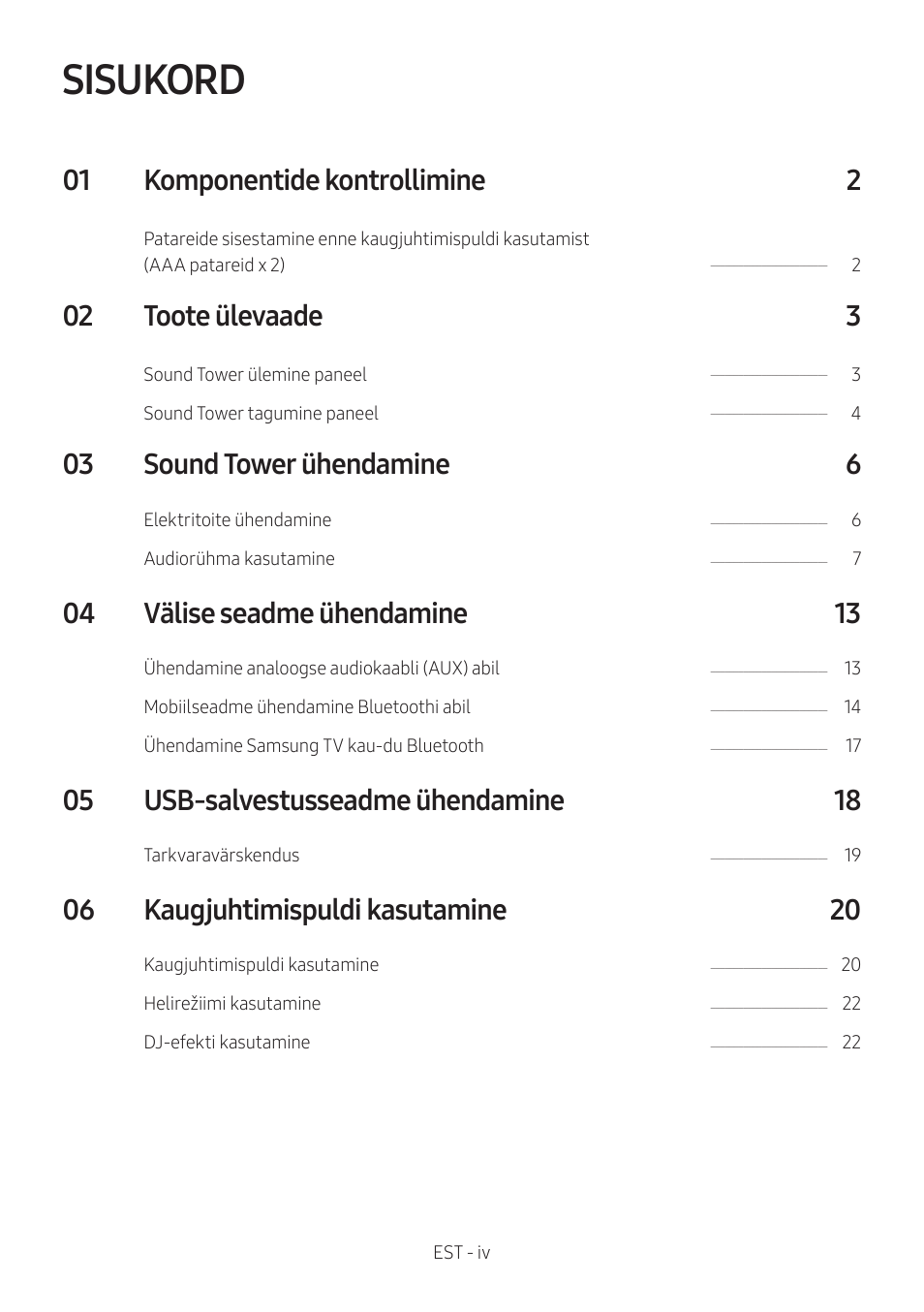 Sisukord, 01 komponentide kontrollimine 2, 02 toote ülevaade 3 | 03 sound tower ühendamine 6, 04 välise seadme ühendamine 13, 05 usb-salvestusseadme ühendamine 18, 06 kaugjuhtimispuldi kasutamine 20 | Samsung MX-T50 Giga Party 500W Wireless Speaker User Manual | Page 154 / 512