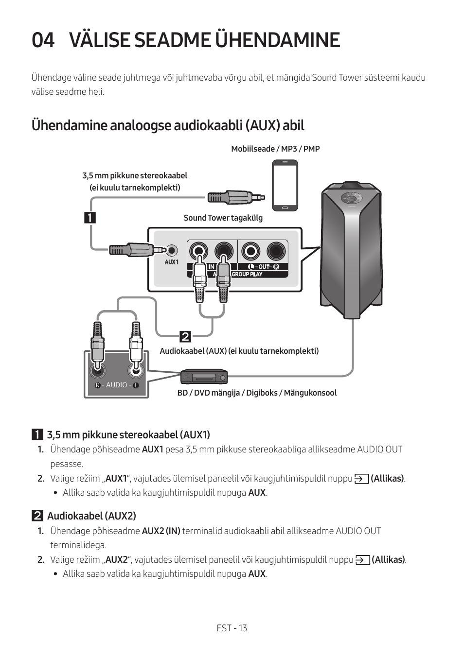 04 välise seadme ühendamine, Ühendamine analoogse audiokaabli (aux) abil, Välise seadme ühendamine | Samsung MX-T50 Giga Party 500W Wireless Speaker User Manual | Page 167 / 512