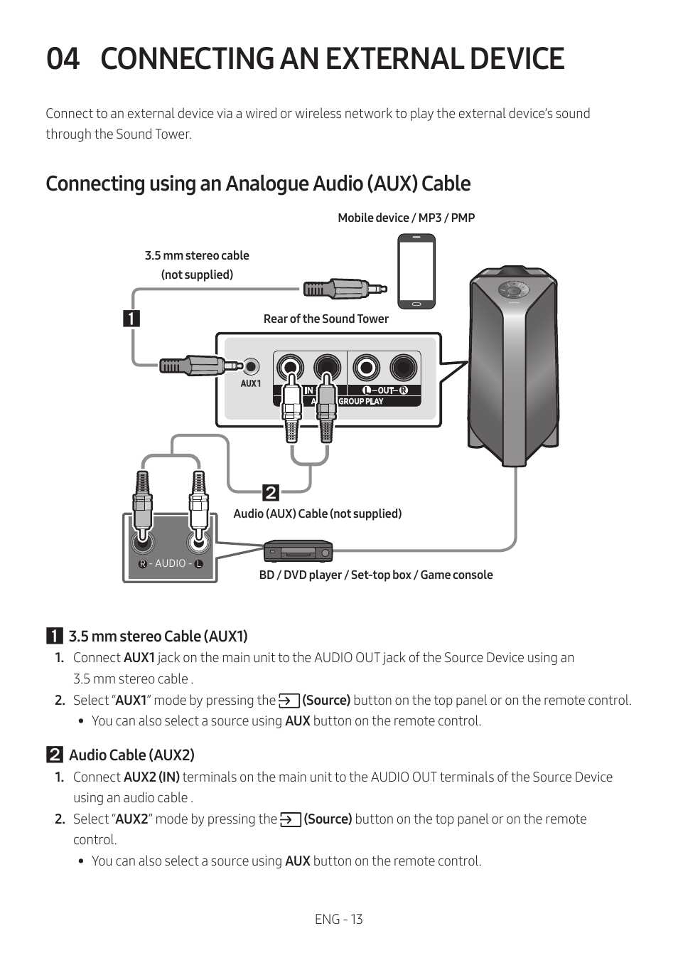 04 connecting an external device, Connecting using an analogue audio (aux) cable, Connecting an external device | Samsung MX-T50 Giga Party 500W Wireless Speaker User Manual | Page 17 / 512