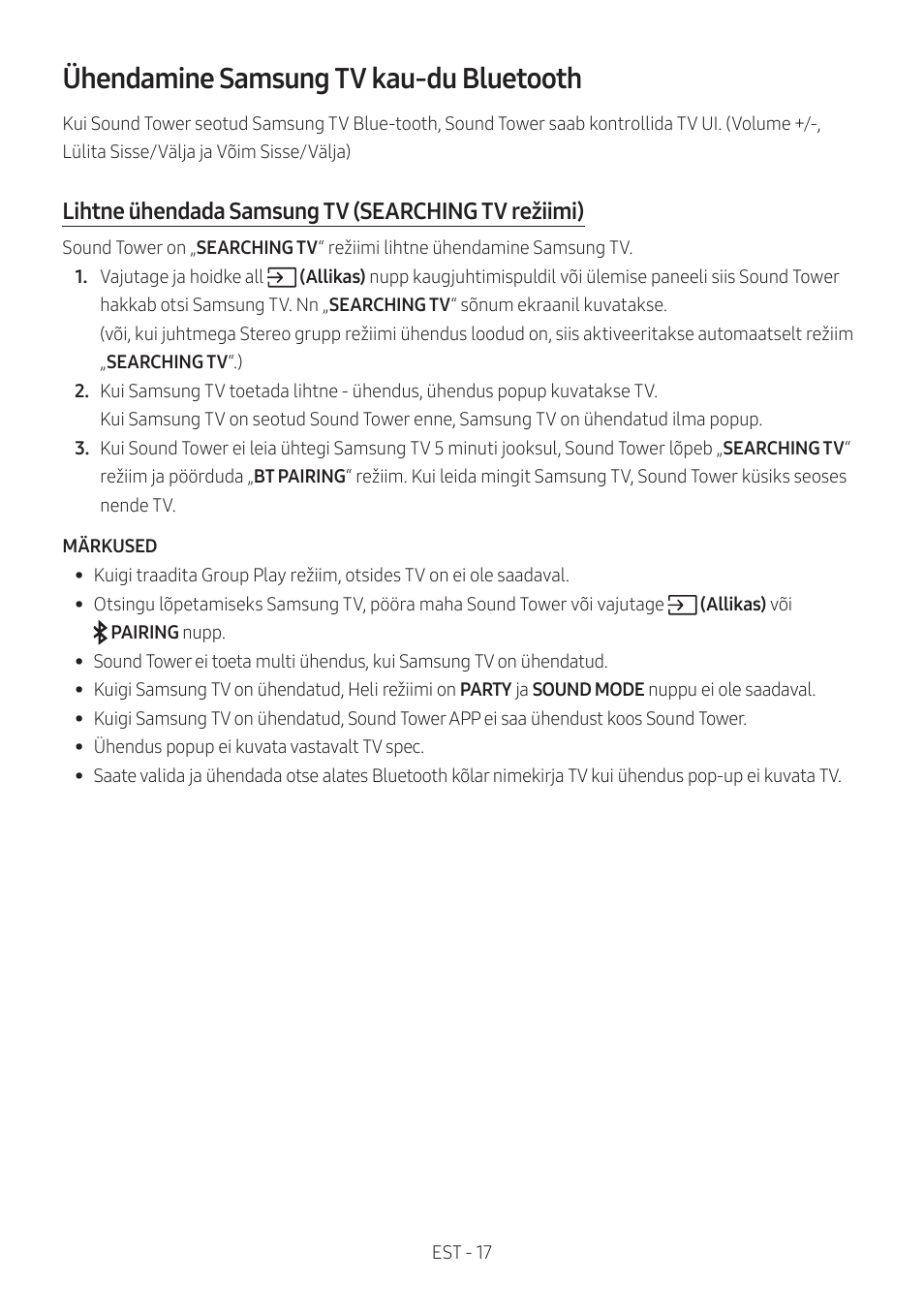 Ühendamine samsung tv kau-du bluetooth, Lihtne ühendada samsung tv (searching tv režiimi) | Samsung MX-T50 Giga Party 500W Wireless Speaker User Manual | Page 171 / 512