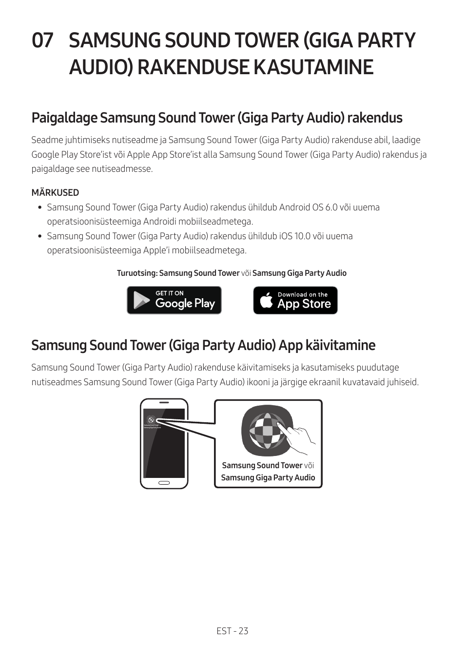 Samsung sound tower (giga party audio), Rakenduse kasutamine | Samsung MX-T50 Giga Party 500W Wireless Speaker User Manual | Page 177 / 512