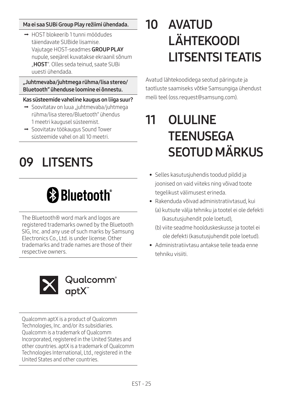 09 litsents, 10 avatud lähtekoodi litsentsi teatis, 11 oluline teenusega seotud märkus | Avatud lähtekoodi litsentsi teatis, Oluline teenusega seotud märkus | Samsung MX-T50 Giga Party 500W Wireless Speaker User Manual | Page 179 / 512