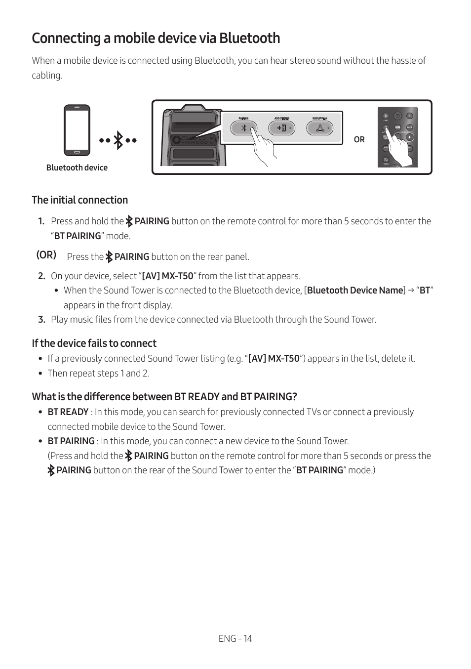 Connecting a mobile device via bluetooth, The initial connection, If the device fails to connect | Samsung MX-T50 Giga Party 500W Wireless Speaker User Manual | Page 18 / 512