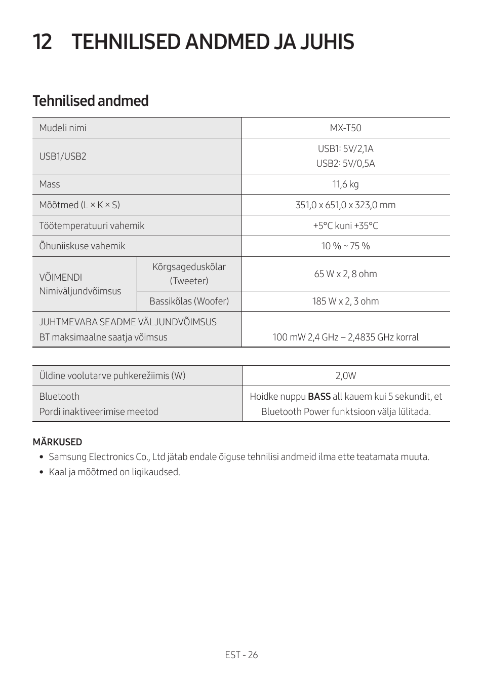 12 tehnilised andmed ja juhis, Tehnilised andmed, Tehnilised andmed ja juhis | Samsung MX-T50 Giga Party 500W Wireless Speaker User Manual | Page 180 / 512