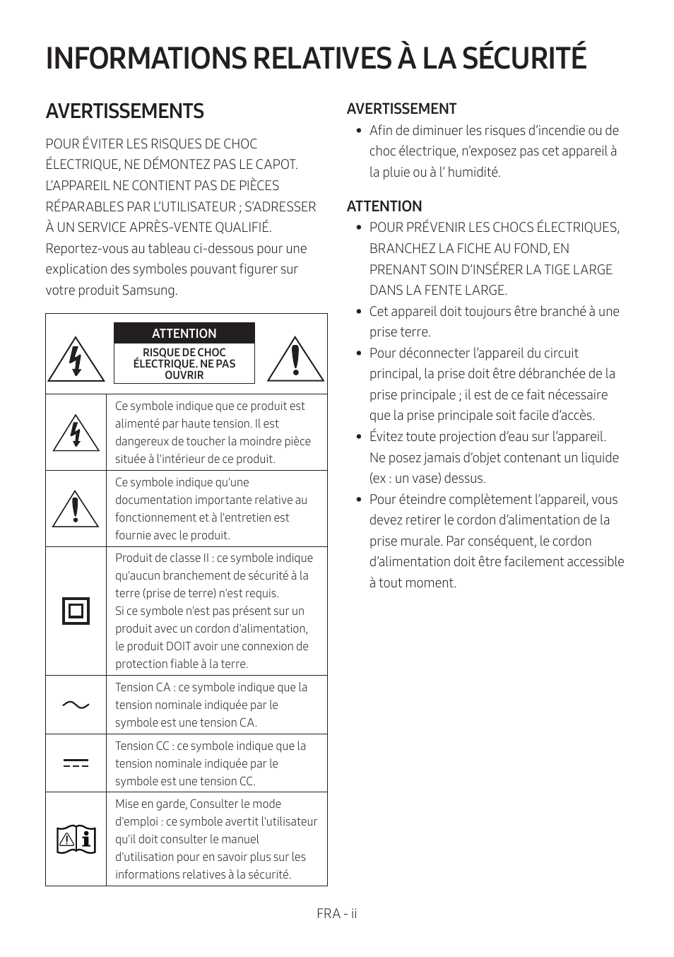 Mx-t50_fra, Informations relatives à la sécurité, Avertissements | Samsung MX-T50 Giga Party 500W Wireless Speaker User Manual | Page 182 / 512