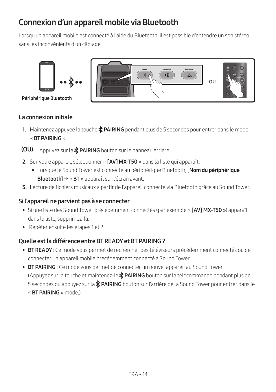 Connexion d’un appareil mobile via bluetooth, La connexion initiale, Si l'appareil ne parvient pas à se connecter | Samsung MX-T50 Giga Party 500W Wireless Speaker User Manual | Page 198 / 512