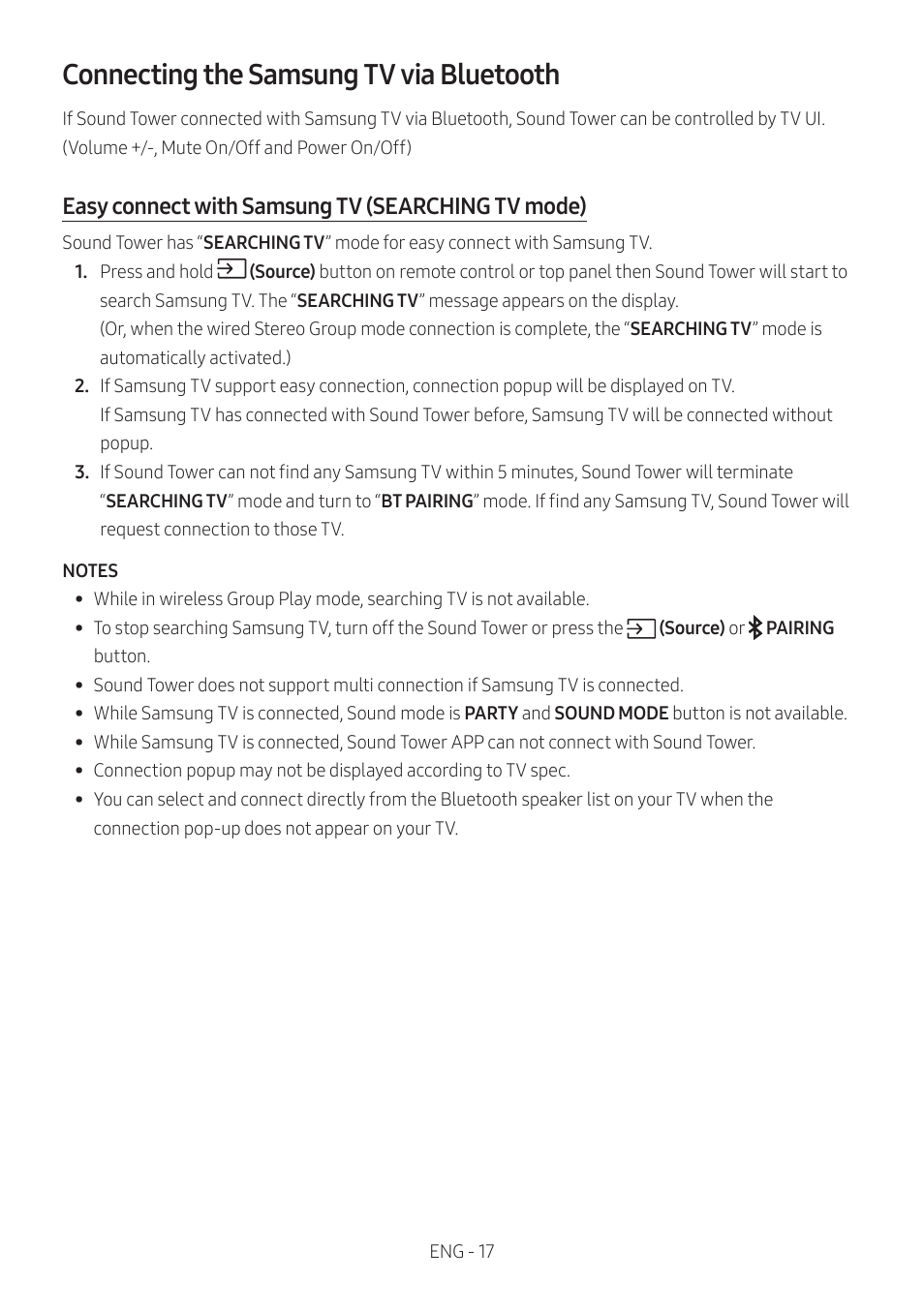 Connecting the samsung tv via bluetooth, Easy connect with samsung tv (searching tv mode) | Samsung MX-T50 Giga Party 500W Wireless Speaker User Manual | Page 21 / 512