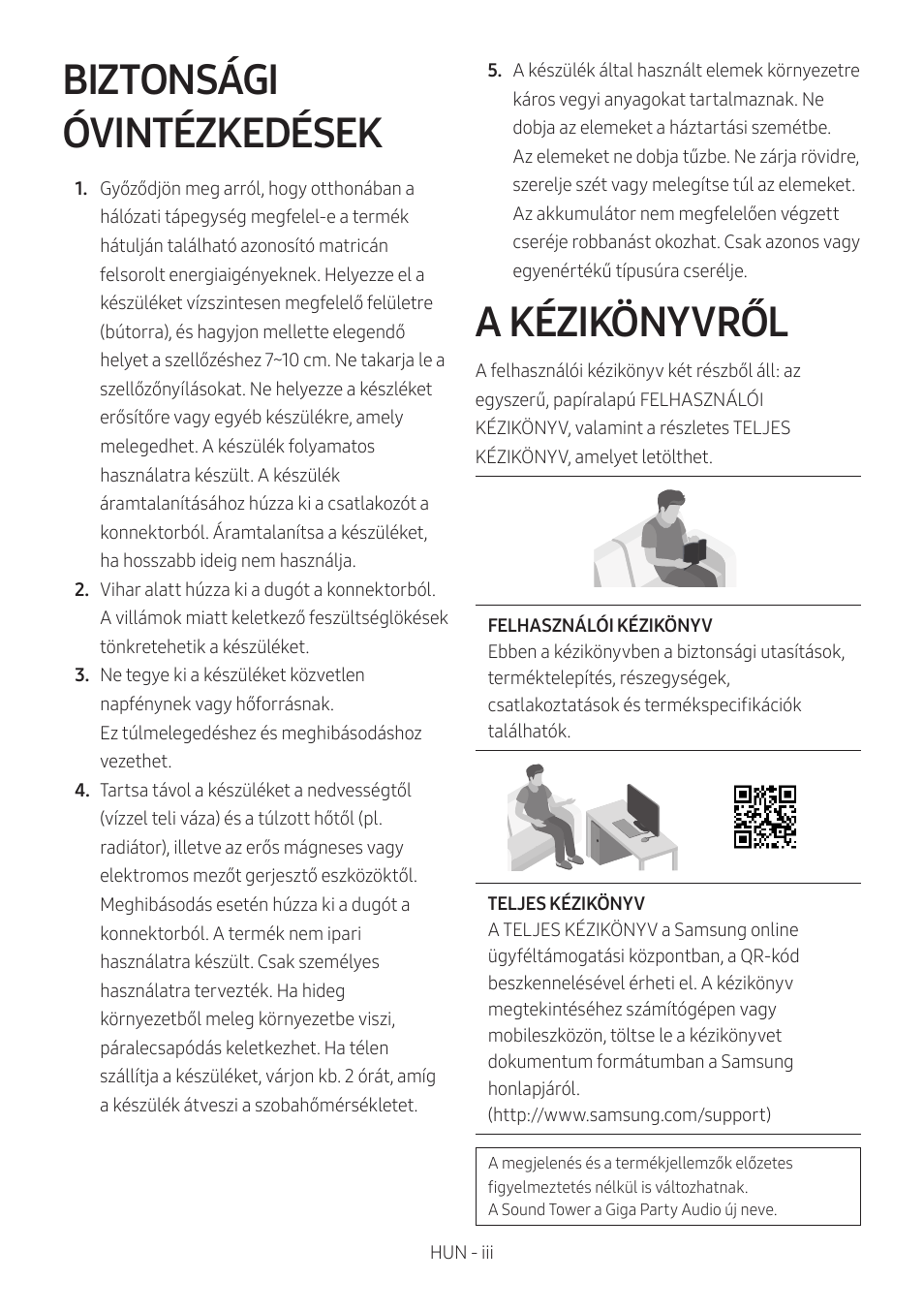 Biztonsági óvintézkedések, A kézikönyvről | Samsung MX-T50 Giga Party 500W Wireless Speaker User Manual | Page 243 / 512