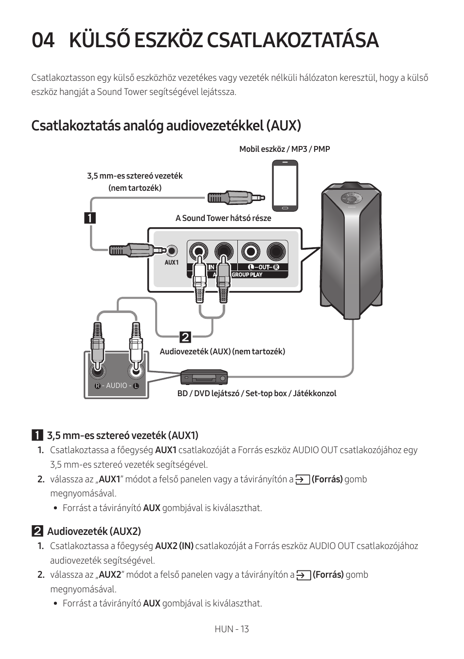 04 külső eszköz csatlakoztatása, Csatlakoztatás analóg audiovezetékkel (aux), Külső eszköz csatlakoztatása | Samsung MX-T50 Giga Party 500W Wireless Speaker User Manual | Page 257 / 512