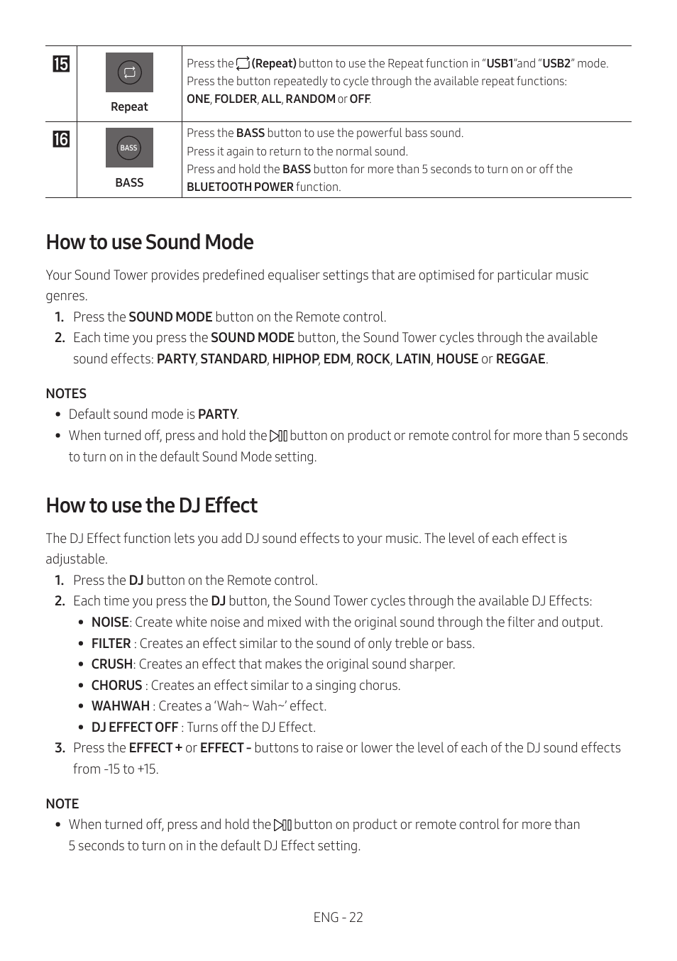 How to use sound mode, How to use the dj effect | Samsung MX-T50 Giga Party 500W Wireless Speaker User Manual | Page 26 / 512