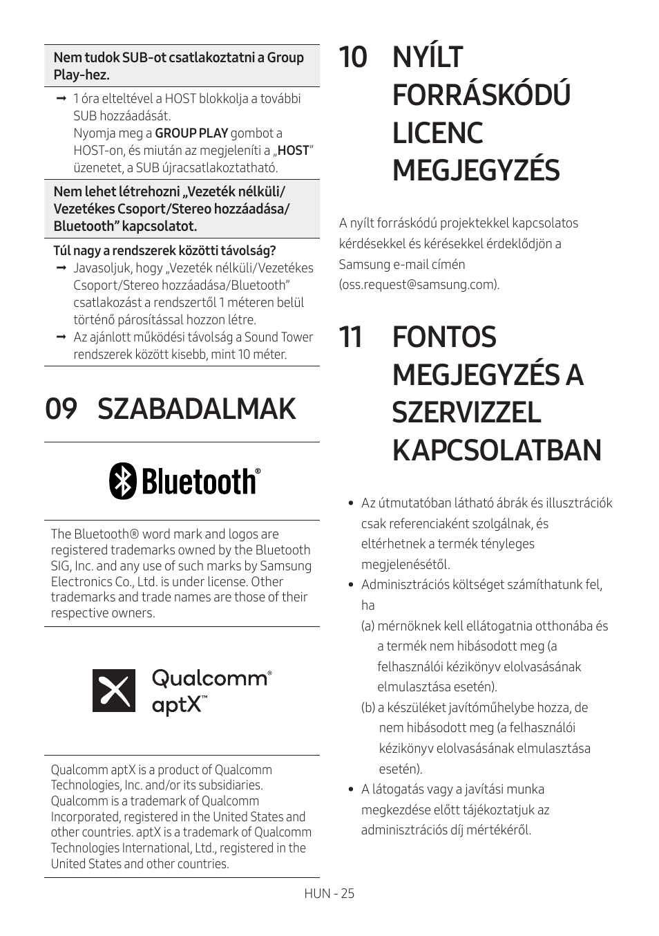 09 szabadalmak, 10 nyílt forráskódú licenc megjegyzés, 11 fontos megjegyzés a szervizzel kapcsolatban | Szabadalmak, Nyílt forráskódú licenc megjegyzés, Fontos megjegyzés a szervizzel kapcsolatban | Samsung MX-T50 Giga Party 500W Wireless Speaker User Manual | Page 269 / 512