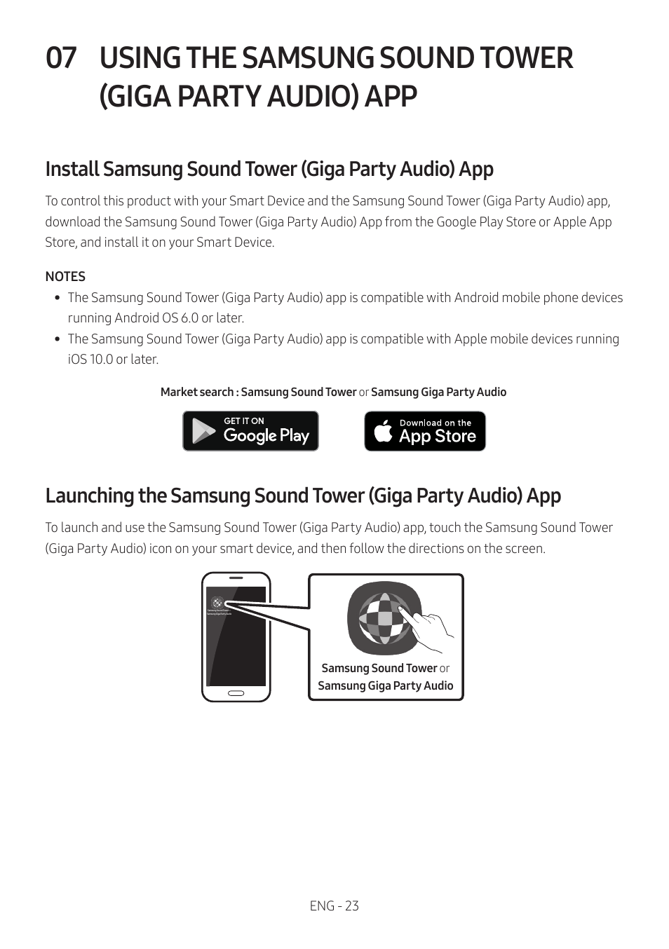 Install samsung sound tower (giga party audio) app, Using the samsung sound tower, Giga party audio) app | Samsung MX-T50 Giga Party 500W Wireless Speaker User Manual | Page 27 / 512