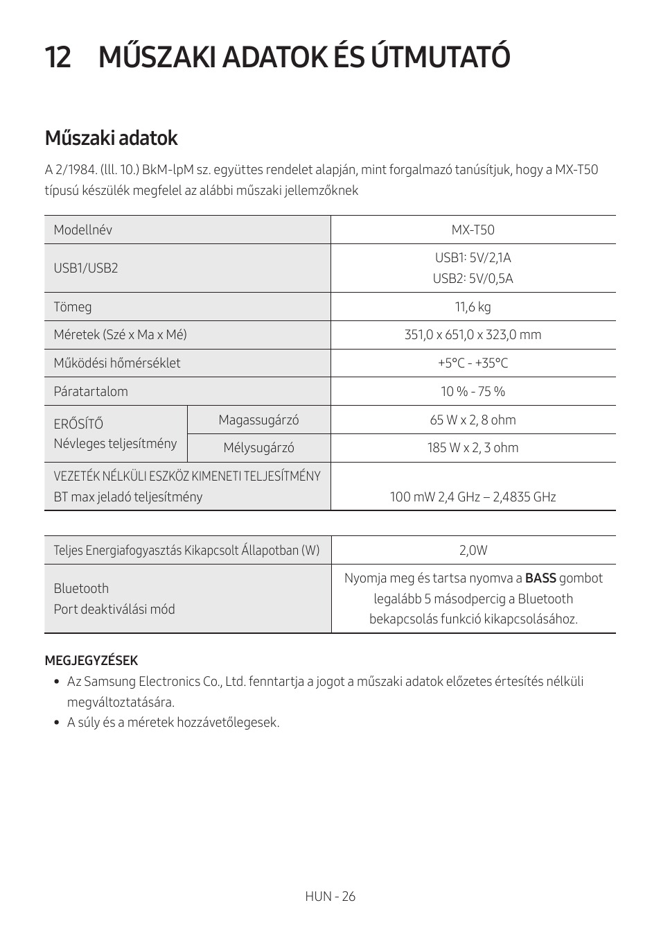 12 műszaki adatok és útmutató, Műszaki adatok, Műszaki adatok és útmutató | Samsung MX-T50 Giga Party 500W Wireless Speaker User Manual | Page 270 / 512