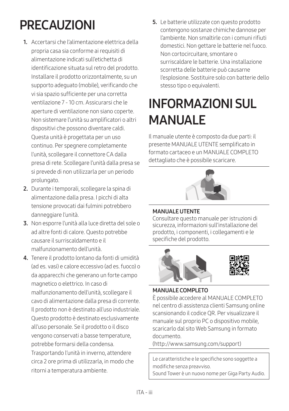 Precauzioni, Informazioni sul manuale | Samsung MX-T50 Giga Party 500W Wireless Speaker User Manual | Page 273 / 512