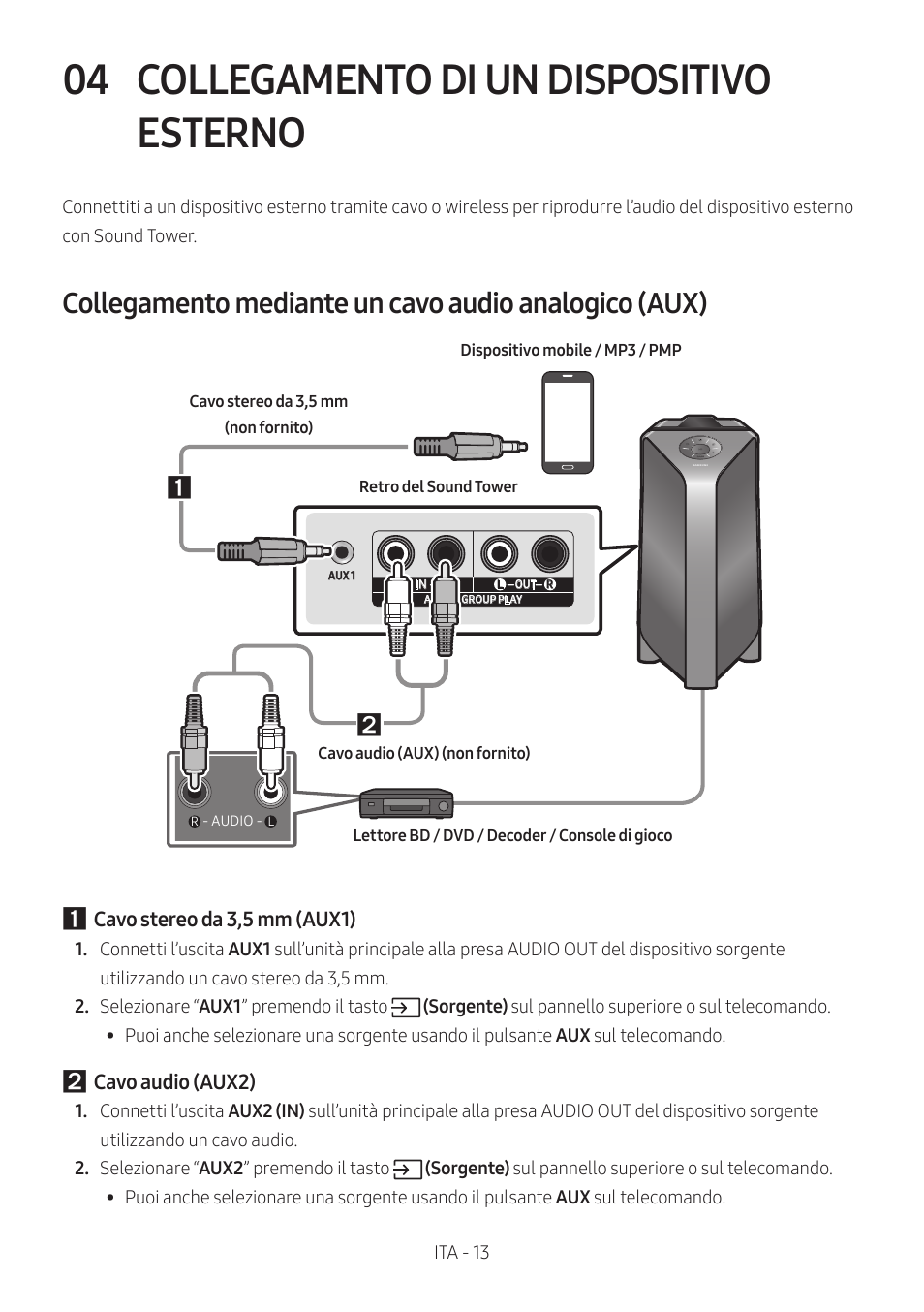 04 collegamento di un dispositivo esterno, Collegamento di un dispositivo esterno | Samsung MX-T50 Giga Party 500W Wireless Speaker User Manual | Page 287 / 512