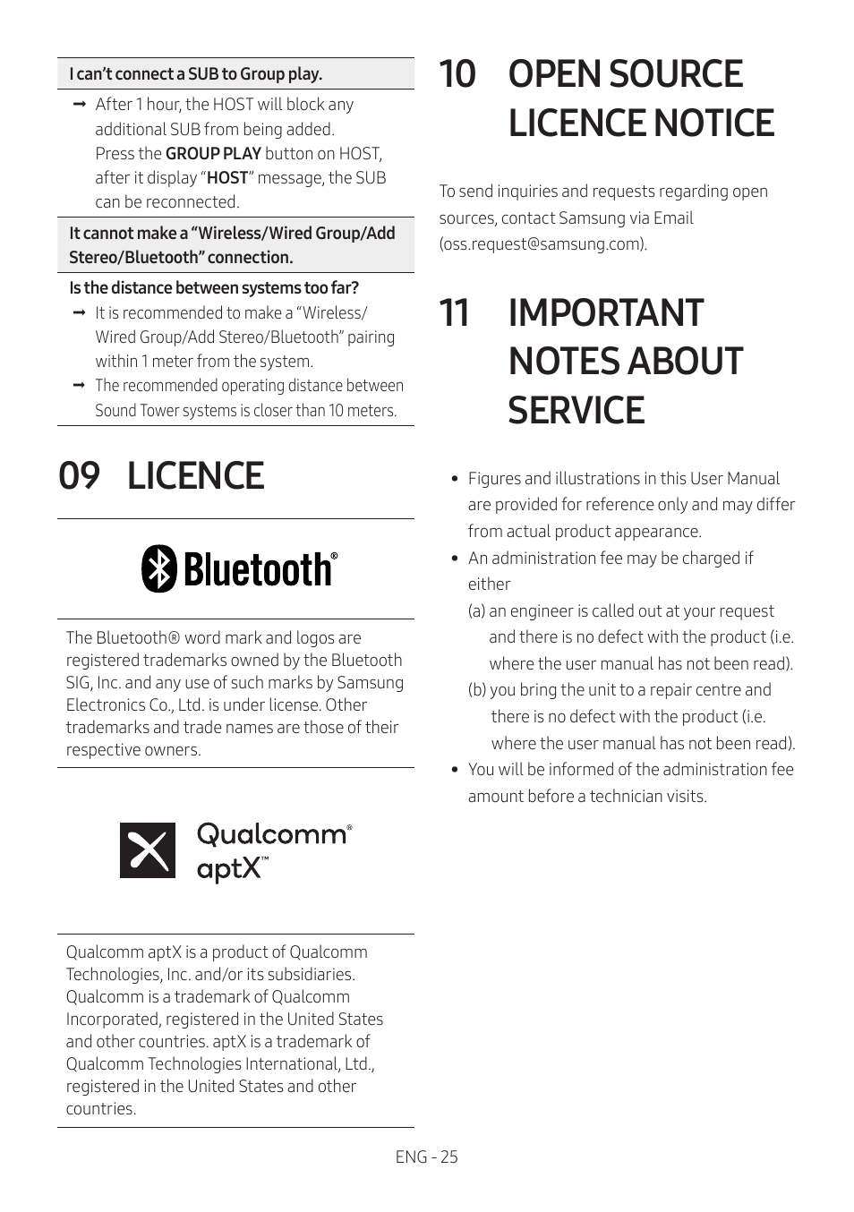 09 licence, 10 open source licence notice, 11 important notes about service | Open source licence notice, Important notes about service | Samsung MX-T50 Giga Party 500W Wireless Speaker User Manual | Page 29 / 512