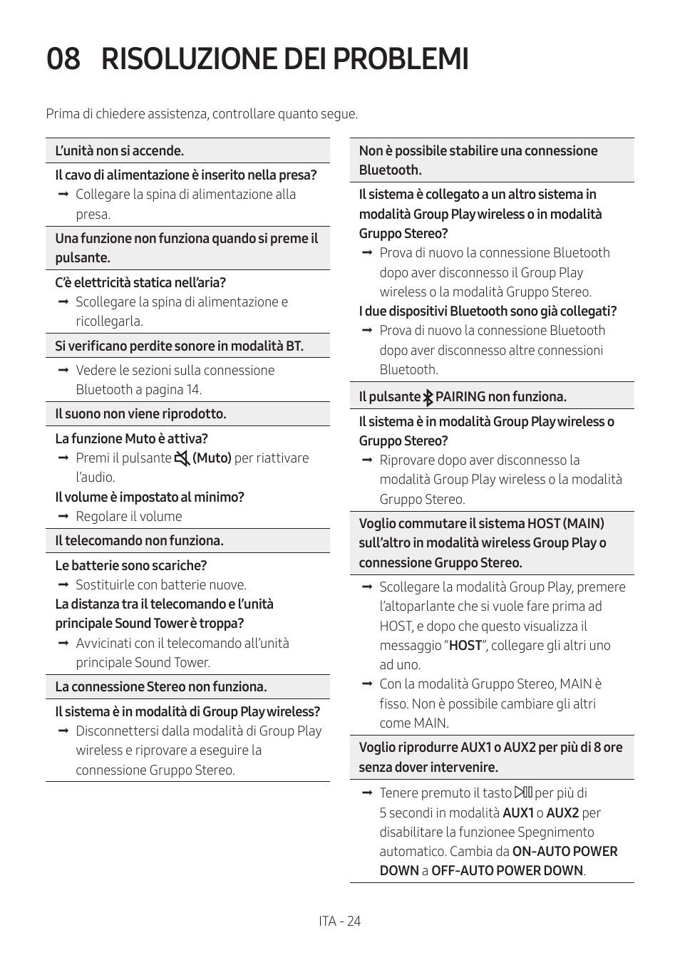 08 risoluzione dei problemi, Risoluzione dei problemi | Samsung MX-T50 Giga Party 500W Wireless Speaker User Manual | Page 298 / 512