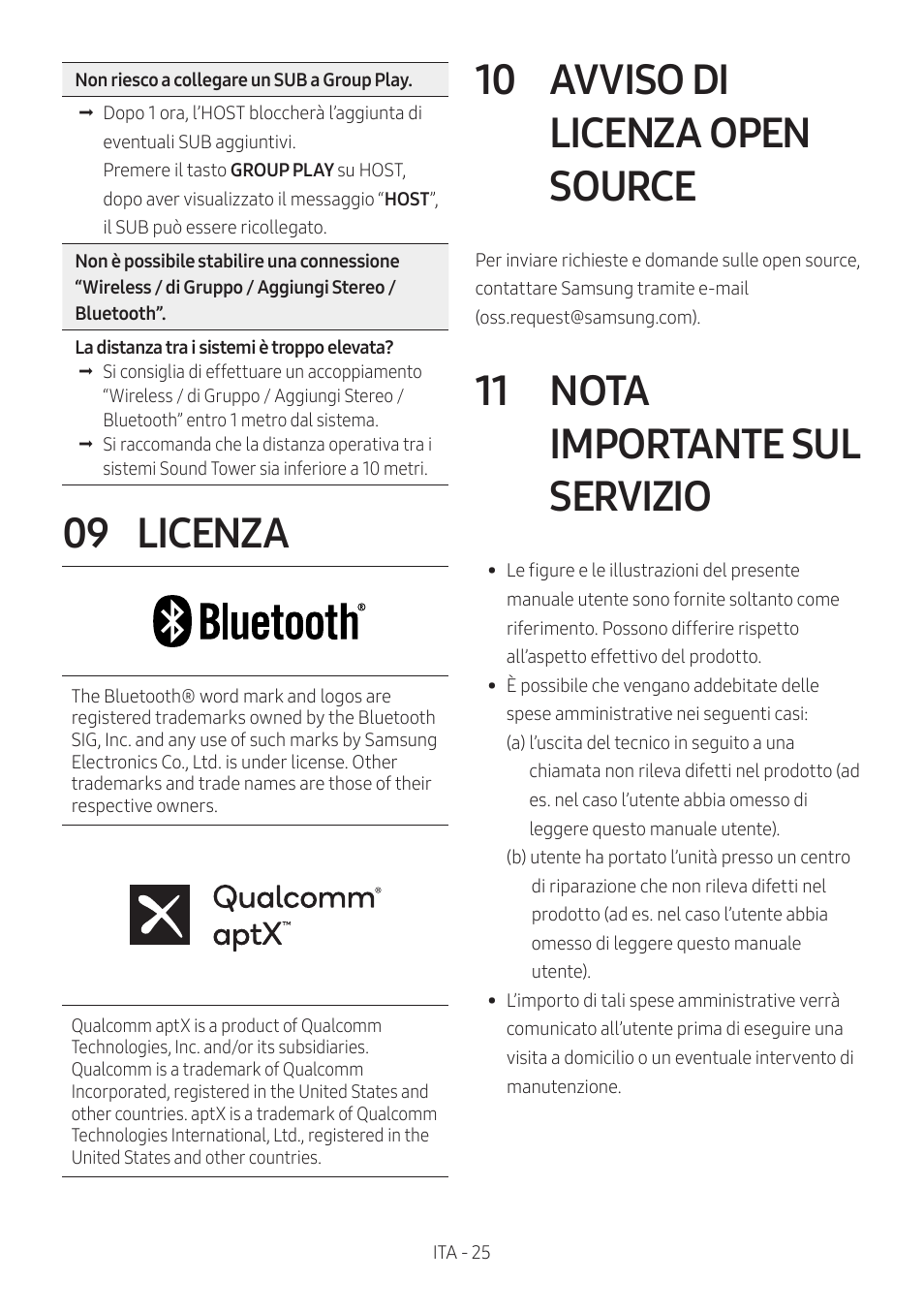 09 licenza, 10 avviso di licenza open source, 11 nota importante sul servizio | Avviso di licenza open source, Nota importante sul servizio | Samsung MX-T50 Giga Party 500W Wireless Speaker User Manual | Page 299 / 512