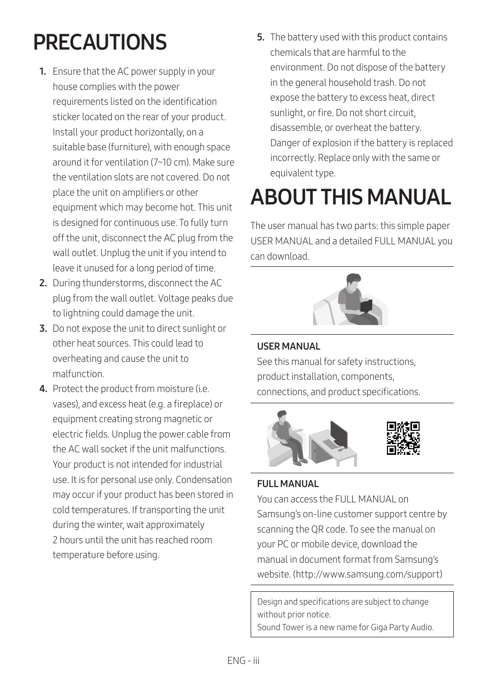 Precautions, About this manual | Samsung MX-T50 Giga Party 500W Wireless Speaker User Manual | Page 3 / 512