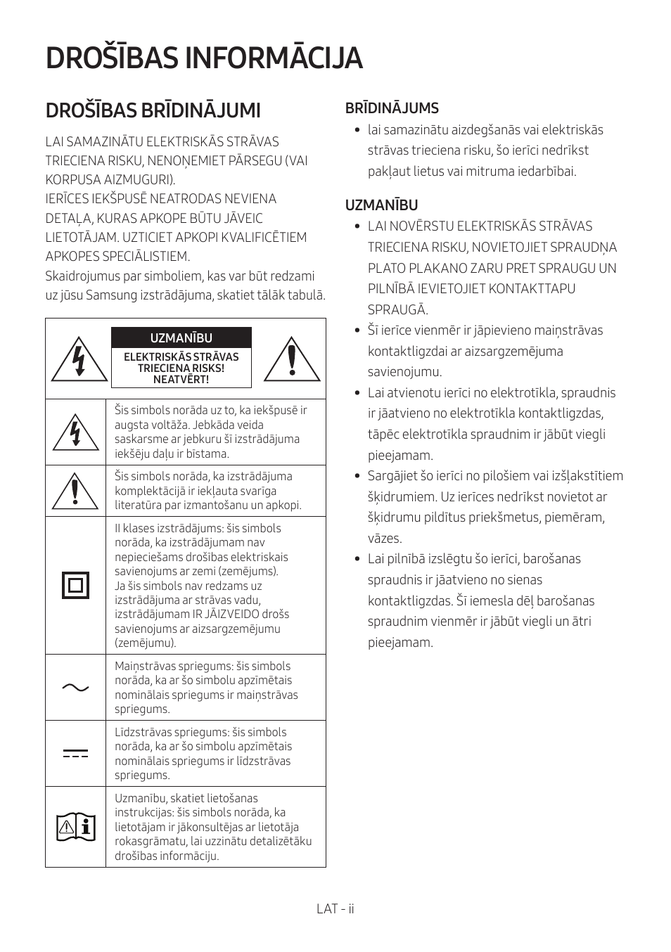 Mx-t50_lat, Drošības informācija, Drošības brīdinājumi | Samsung MX-T50 Giga Party 500W Wireless Speaker User Manual | Page 302 / 512