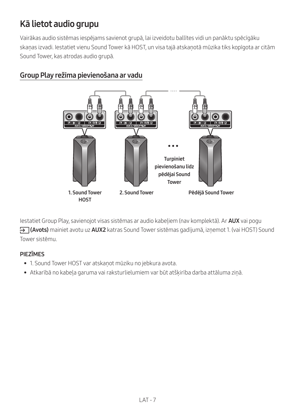 Kā lietot audio grupu, Group play režīma pievienošana ar vadu, Lat - 7 | Samsung MX-T50 Giga Party 500W Wireless Speaker User Manual | Page 311 / 512