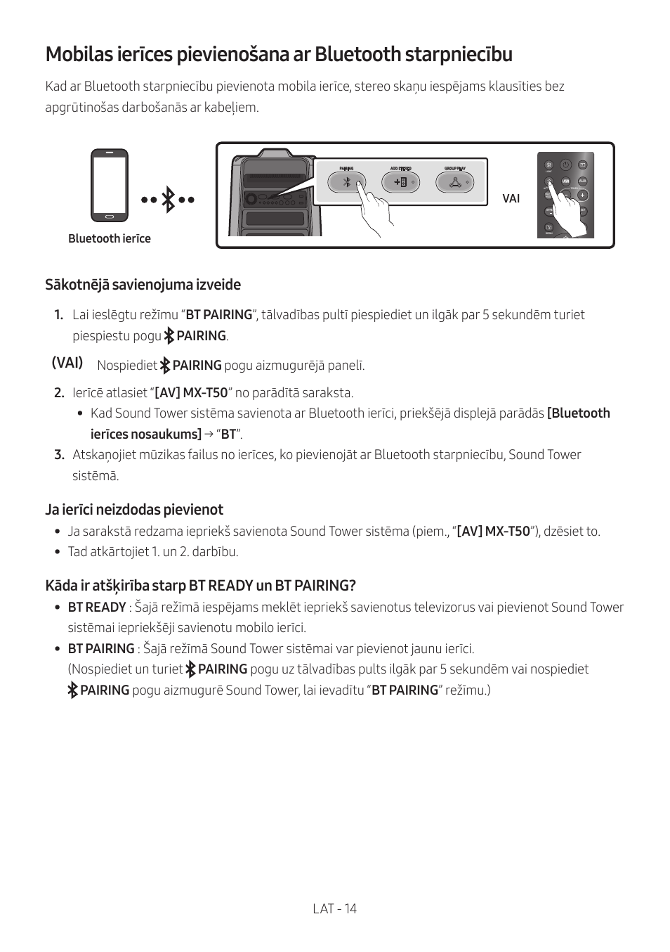 Sākotnējā savienojuma izveide, Vai), Ja ierīci neizdodas pievienot | Kāda ir atšķirība starp bt ready un bt pairing | Samsung MX-T50 Giga Party 500W Wireless Speaker User Manual | Page 318 / 512