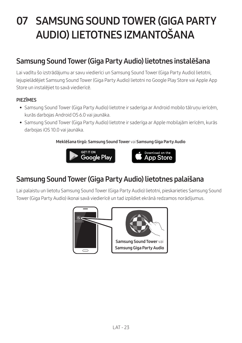 Samsung sound tower (giga party audio), Lietotnes izmantošana | Samsung MX-T50 Giga Party 500W Wireless Speaker User Manual | Page 327 / 512