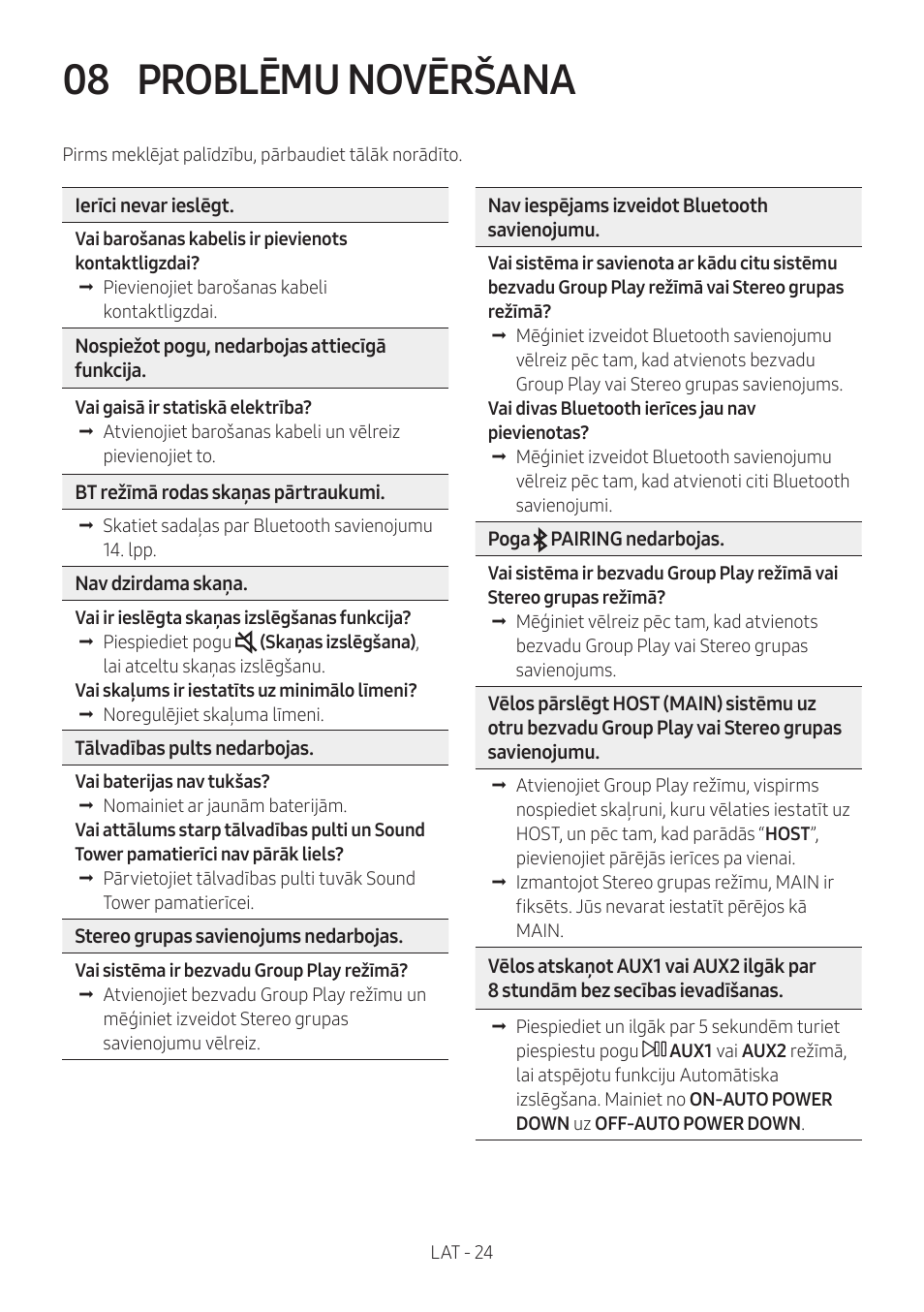 08 problēmu novēršana, Problēmu novēršana | Samsung MX-T50 Giga Party 500W Wireless Speaker User Manual | Page 328 / 512