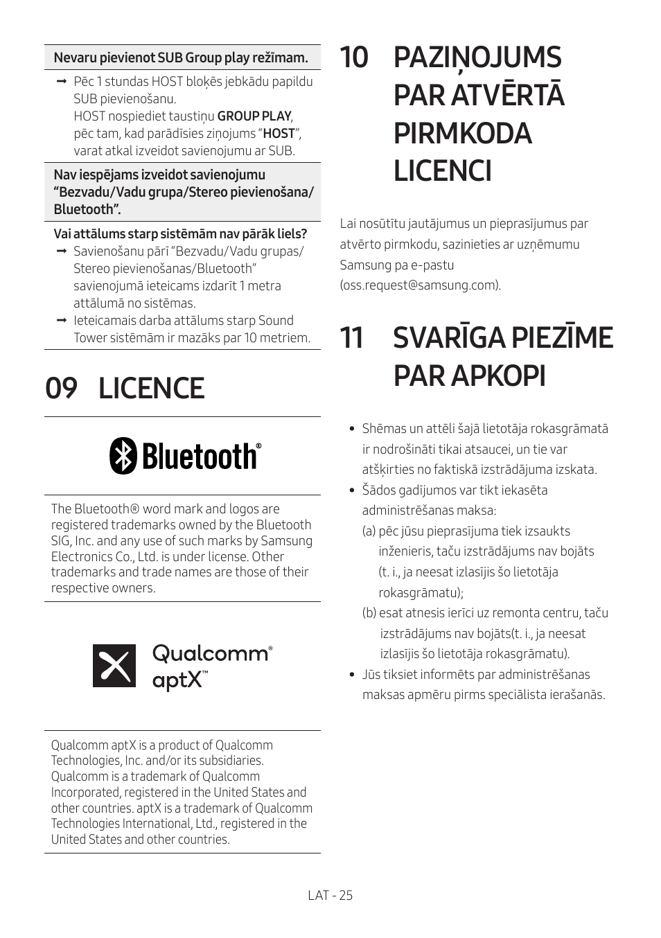 09 licence, 10 paziņojums par atvērtā pirmkoda licenci, 11 svarīga piezīme par apkopi | Licence, Paziņojums par atvērtā pirmkoda licenci, Svarīga piezīme par apkopi | Samsung MX-T50 Giga Party 500W Wireless Speaker User Manual | Page 329 / 512