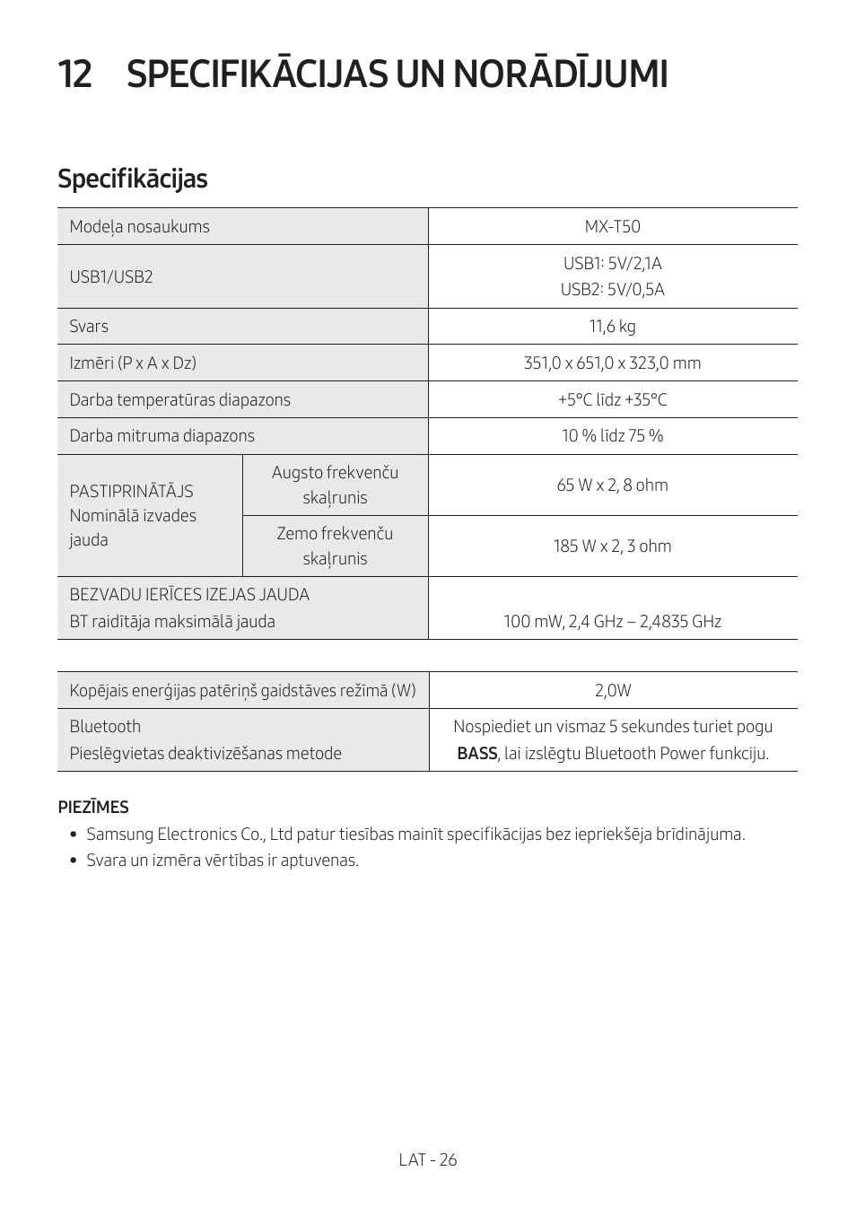 12 specifikācijas un norādījumi, Specifikācijas, Specifikācijas un norādījumi | Samsung MX-T50 Giga Party 500W Wireless Speaker User Manual | Page 330 / 512