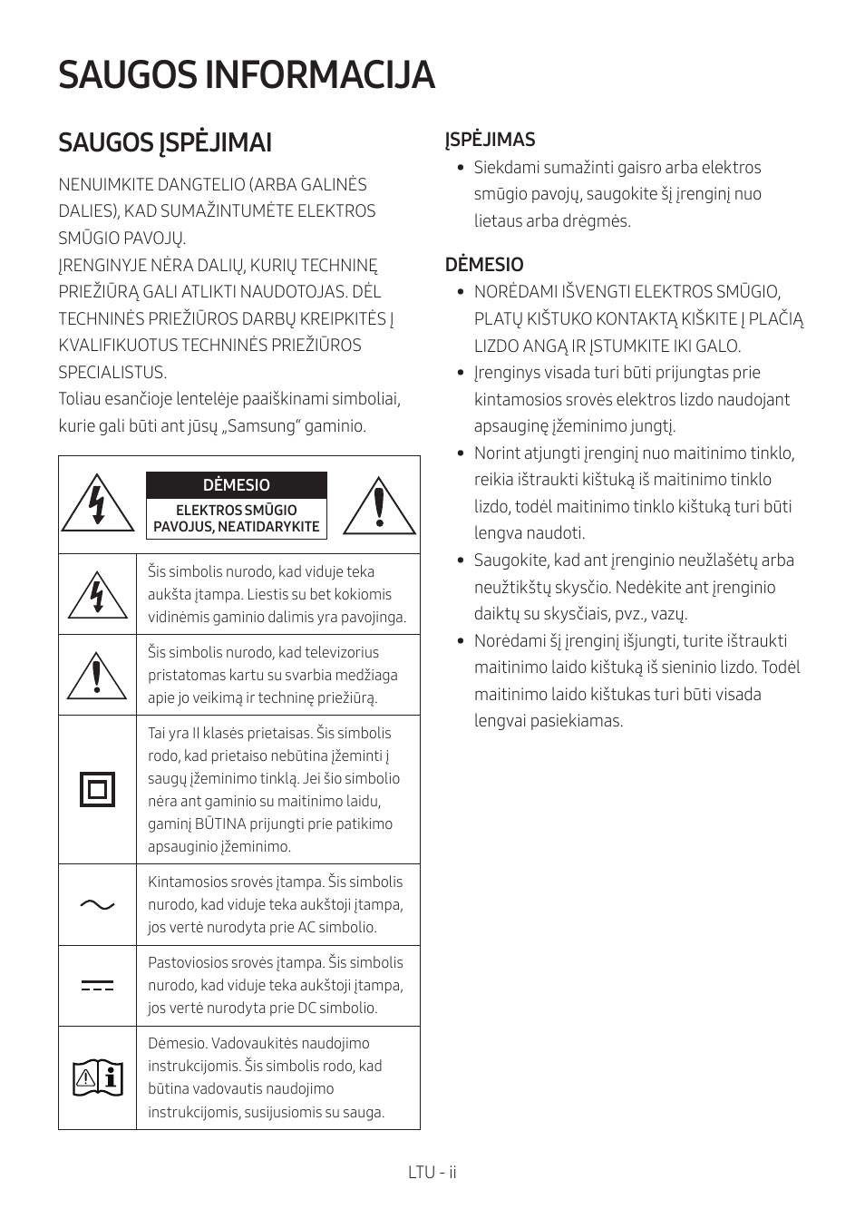 Mx-t50_ltu, Saugos informacija, Saugos įspėjimai | Samsung MX-T50 Giga Party 500W Wireless Speaker User Manual | Page 332 / 512