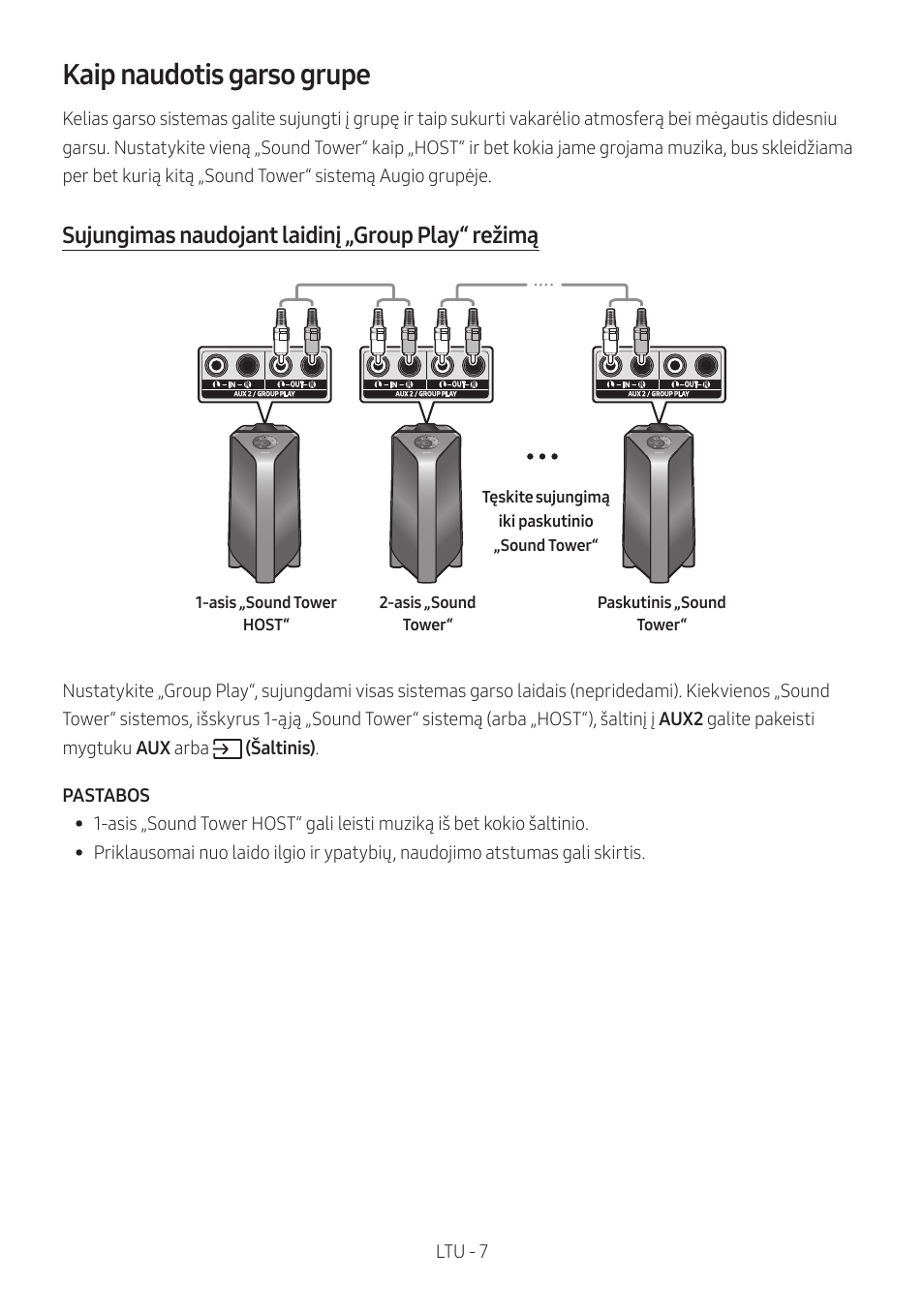 Kaip naudotis garso grupe, Sujungimas naudojant laidinį „group play“ režimą, Ltu - 7 | Samsung MX-T50 Giga Party 500W Wireless Speaker User Manual | Page 341 / 512