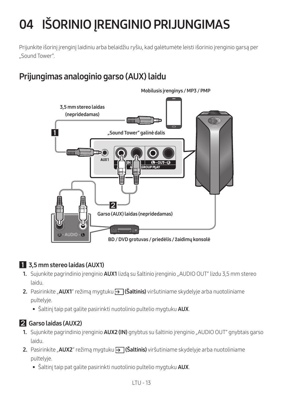 04 išorinio įrenginio prijungimas, Prijungimas analoginio garso (aux) laidu, Išorinio įrenginio prijungimas | Samsung MX-T50 Giga Party 500W Wireless Speaker User Manual | Page 347 / 512