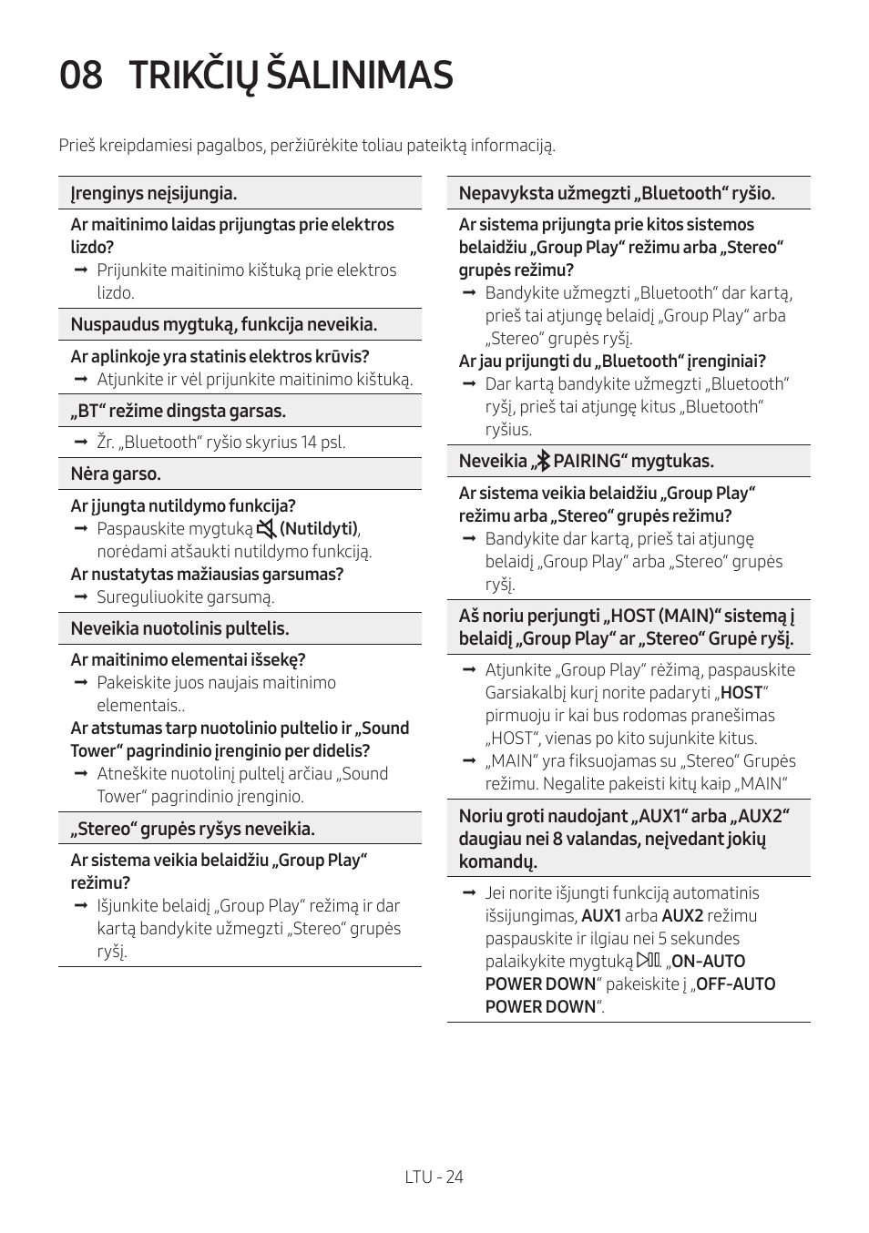 08 trikčių šalinimas, Trikčių šalinimas | Samsung MX-T50 Giga Party 500W Wireless Speaker User Manual | Page 358 / 512