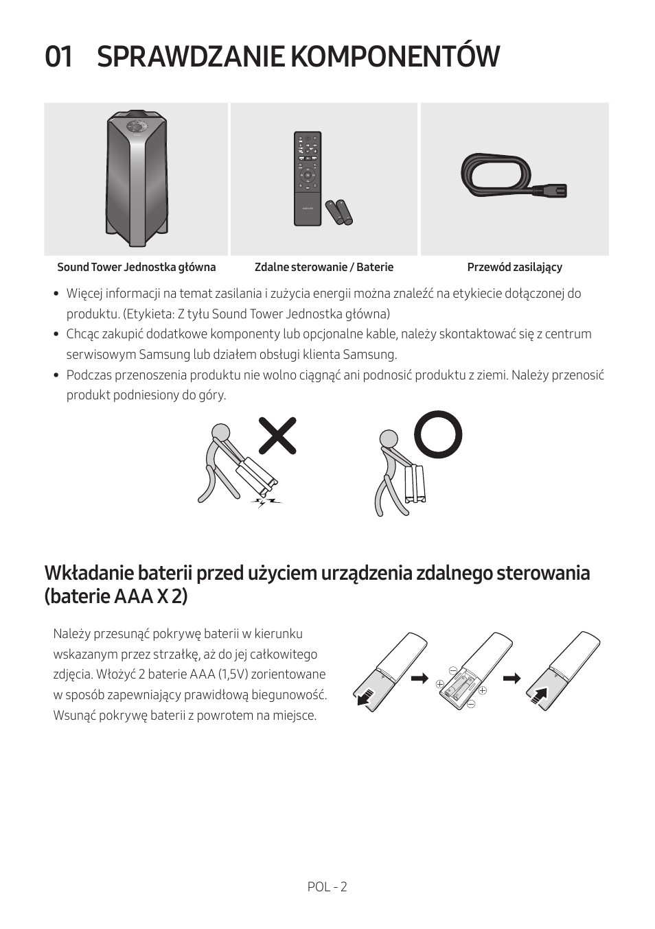 01 sprawdzanie komponentów, Sprawdzanie komponentów, Baterie aaa x 2) | Samsung MX-T50 Giga Party 500W Wireless Speaker User Manual | Page 366 / 512