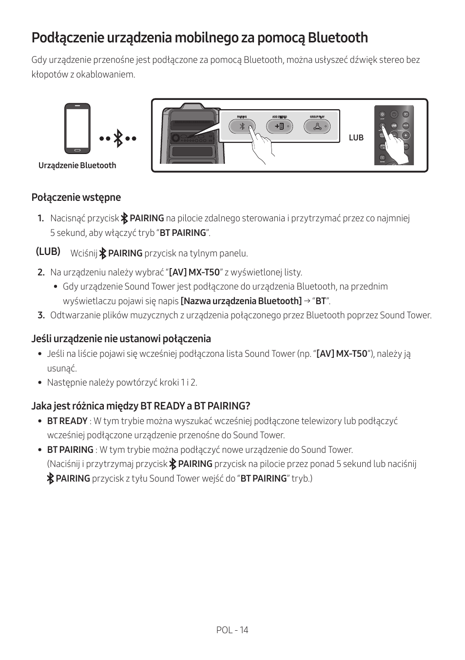 Połączenie wstępne, Lub), Jeśli urządzenie nie ustanowi połączenia | Jaka jest różnica między bt ready a bt pairing | Samsung MX-T50 Giga Party 500W Wireless Speaker User Manual | Page 378 / 512