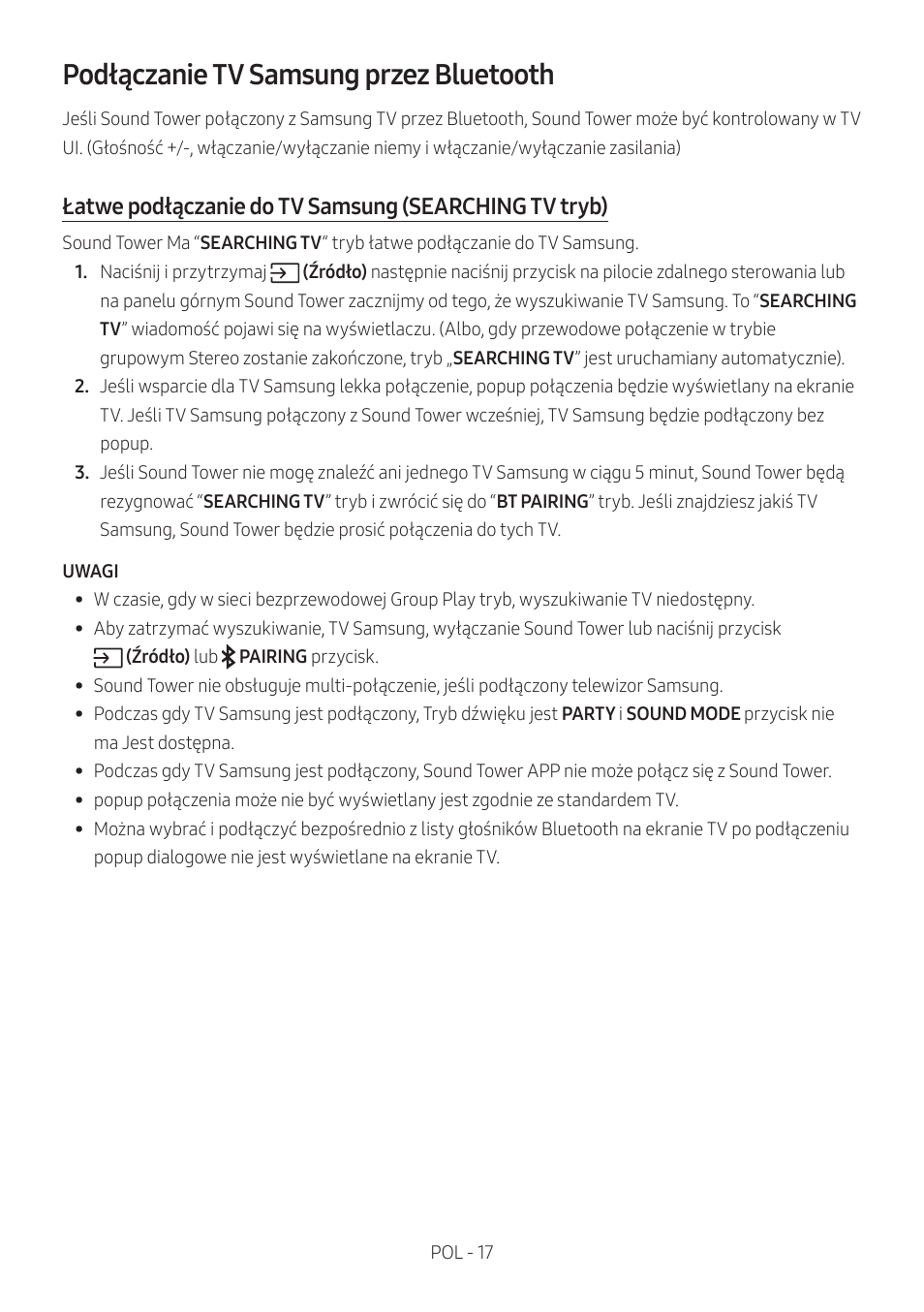 Podłączanie tv samsung przez bluetooth | Samsung MX-T50 Giga Party 500W Wireless Speaker User Manual | Page 381 / 512