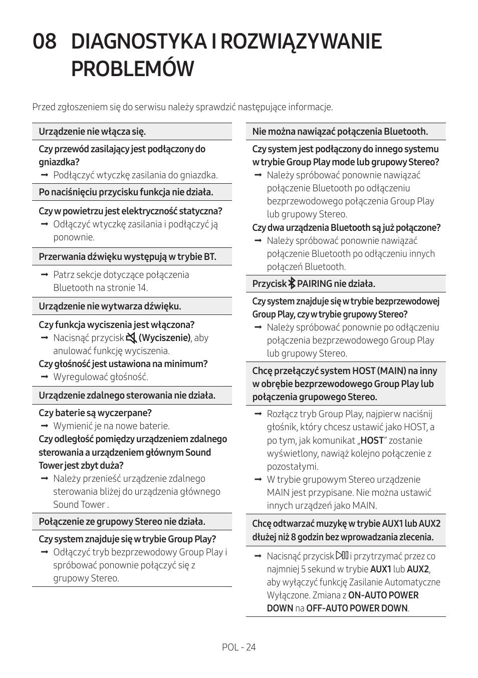 08 diagnostyka i rozwiązywanie problemów, Diagnostyka i rozwiązywanie problemów | Samsung MX-T50 Giga Party 500W Wireless Speaker User Manual | Page 388 / 512