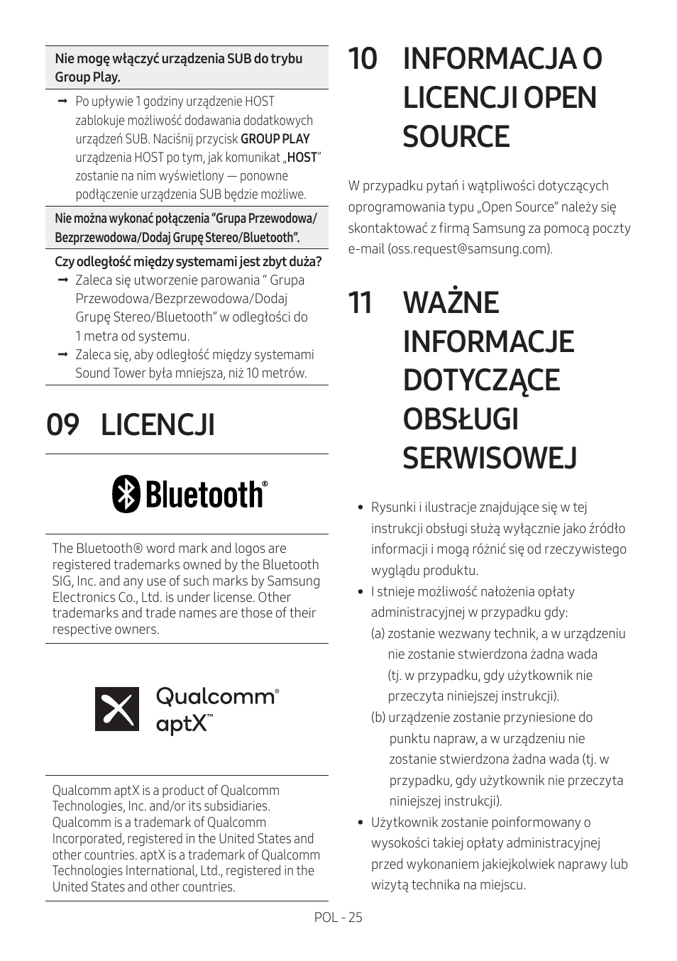 09 licencji, 10 informacja o licencji open source, 11 ważne informacje dotyczące obsługi serwisowej | Licencji, Informacja o licencji open source, Ważne informacje dotyczące obsługi, Serwisowej | Samsung MX-T50 Giga Party 500W Wireless Speaker User Manual | Page 389 / 512