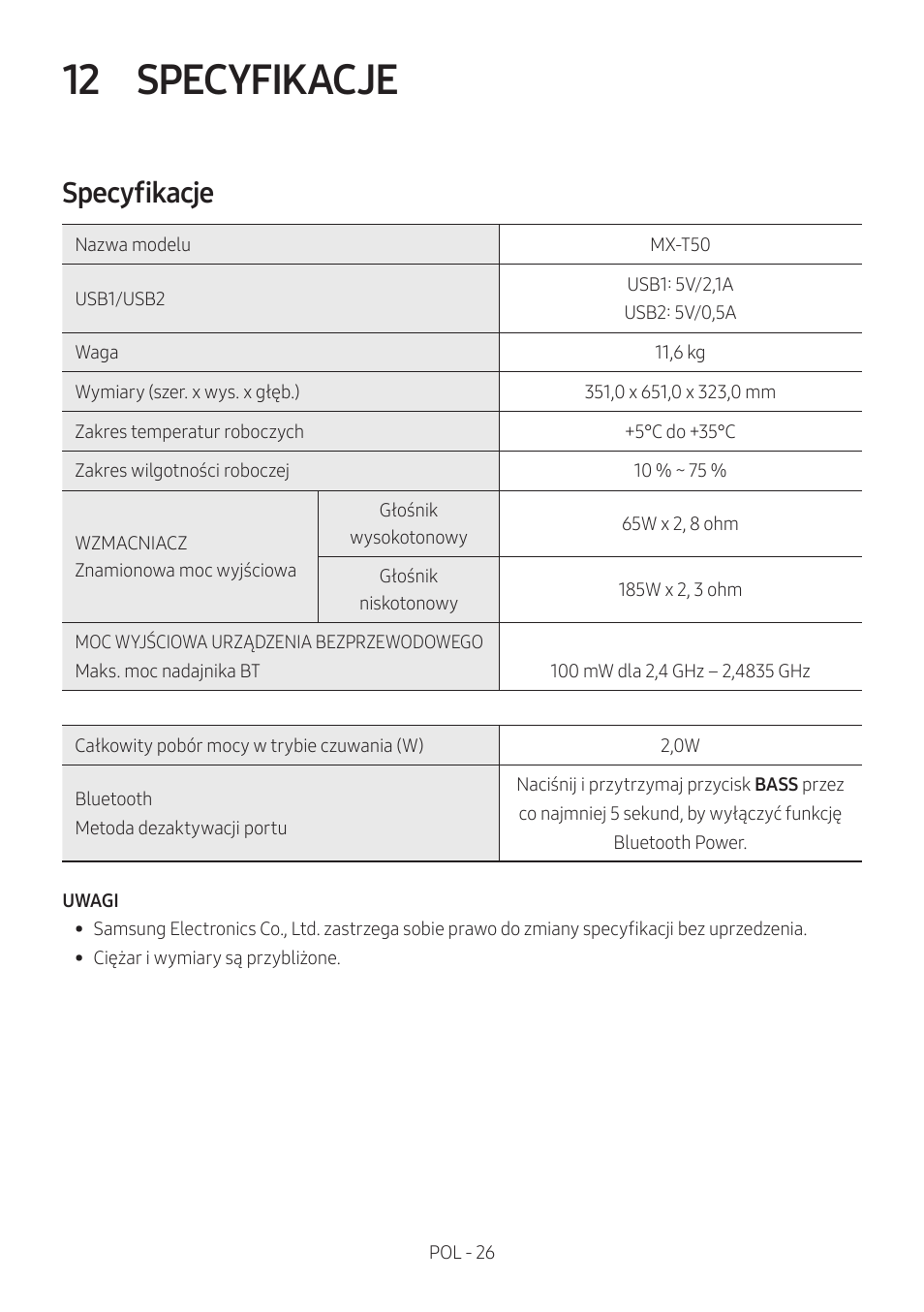 12 specyfikacje, Specyfikacje | Samsung MX-T50 Giga Party 500W Wireless Speaker User Manual | Page 390 / 512