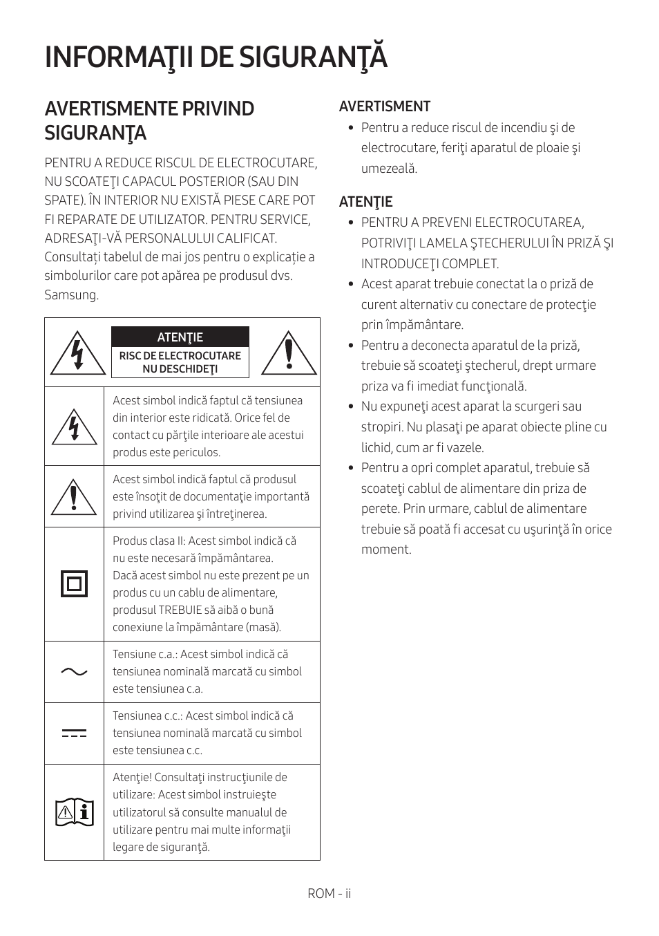 Mx-t50_rom, Informaţii de siguranţă, Avertismente privind siguranţa | Samsung MX-T50 Giga Party 500W Wireless Speaker User Manual | Page 392 / 512